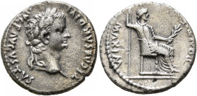 Tiberius, 14-37. Denarius (Silver, 17 mm, 3.39 g, 8 h), Lugdunum, 15-18. TI CAESAR DIVI AVG F AVGVSTVS Laureate head of Tiberius to right. Rev. PONTIF...