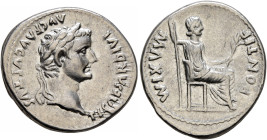 Tiberius, 14-37. Denarius (Silver, 19 mm, 3.63 g, 9 h), Lugdunum, 15-18. TI CAESAR DIVI AVG F AVGVSTVS Laureate head of Tiberius to right. Rev. PONTIF...