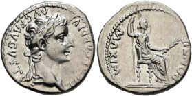 Tiberius, 14-37. Denarius (Silver, 18 mm, 3.67 g, 3 h), Lugdunum, 15-18. TI CAESAR DIVI AVG F AVGVSTVS Laureate head of Tiberius to right. Rev. PONTIF...