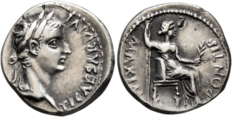 Tiberius, 14-37. Denarius (Silver, 17 mm, 3.78 g, 1 h), Lugdunum. TI CAESAR DIVI...
