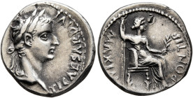 Tiberius, 14-37. Denarius (Silver, 17 mm, 3.78 g, 1 h), Lugdunum. TI CAESAR DIVI [AVG F AVGVSTVS] Laureate head of Tiberius to right. Rev. PONTIF MAXI...