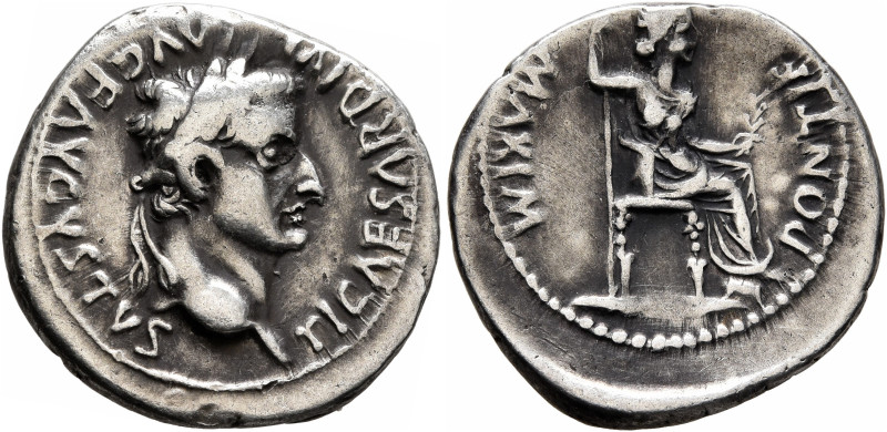 Tiberius, 14-37. Denarius (Silver, 20 mm, 3.79 g, 6 h), Lugdunum. TI CAESAR DIVI...