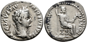 Tiberius, 14-37. Denarius (Silver, 18 mm, 3.66 g, 12 h), Lugdunum. TI CAESAR DIVI AVG F AVGVSTVS Laureate head of Tiberius to right. Rev. PONTIF MAXIM...