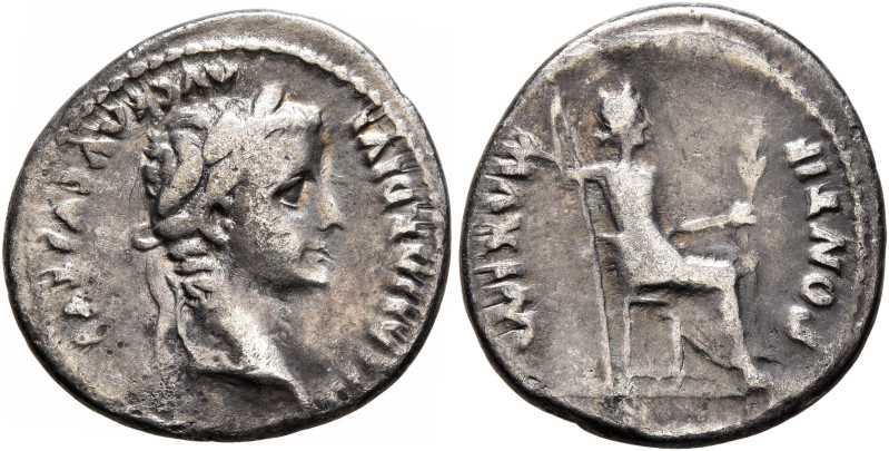 Tiberius, 14-37. Denarius (Silver, 18 mm, 3.62 g, 3 h), Lugdunum. TI CAESAR DIVI...