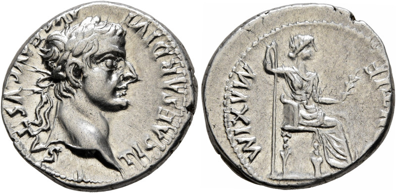 Tiberius, 14-37. Denarius (Silver, 18 mm, 3.81 g, 9 h), Lugdunum, 36-37. TI CAES...