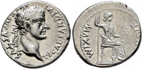 Tiberius, 14-37. Denarius (Silver, 18 mm, 3.81 g, 9 h), Lugdunum, 36-37. TI CAESAR DIVI AVG F AVGVSTVS Laureate head of Tiberius to right. Rev. PONTIF...