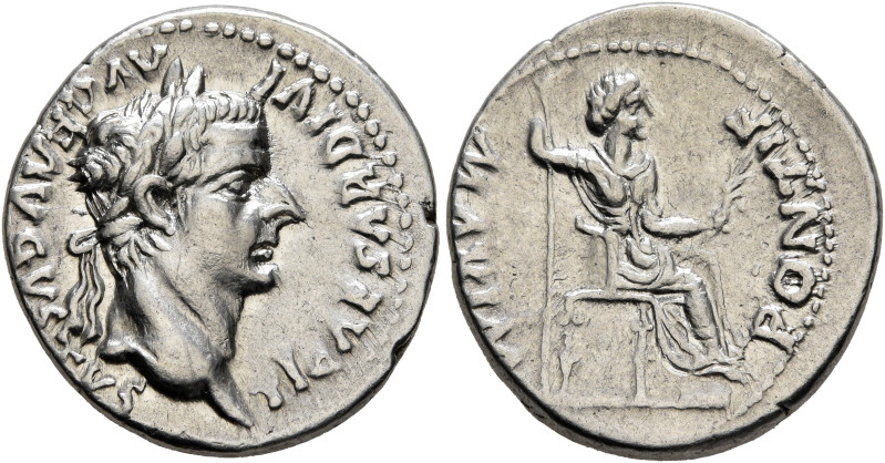 Tiberius, 14-37. Denarius (Silver, 19 mm, 3.72 g, 12 h), Lugdunum, 18-35. TI CAE...