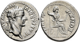 Tiberius, 14-37. Denarius (Silver, 19 mm, 3.72 g, 12 h), Lugdunum, 18-35. TI CAESAR DIVI AVG F AVGVSTVS Laureate head of Tiberius to right. Rev. PONTI...
