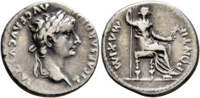 Tiberius, 14-37. Denarius (Silver, 18 mm, 3.75 g, 3 h), Lugdunum. TI CAESAR DIVI AVG F AVGVSTVS Laureate head of Tiberius to right. Rev. PONTIF MAXIM ...