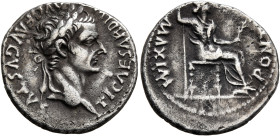 Tiberius, 14-37. Denarius (Silver, 18 mm, 3.65 g, 11 h), Lugdunum. TI CAESAR DIVI AVG F AVGVSTVS Laureate head of Tiberius to right. Rev. PONTIF MAXIM...