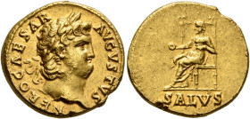 Nero, 54-68. Aureus (Gold, 19 mm, 7.34 g, 6 h), Rome, circa 65-66. NERO CAESAR AVGVSTVS Laureate head of Nero to right. Rev. SALVS Salus seated left o...
