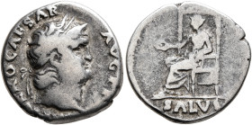 Nero, 54-68. Denarius (Silver, 17 mm, 3.13 g, 6 h), Rome, 65-66. [N]ERO CAESAR AVGVS[TVS] Laureate head of Nero to right. Rev. SALVS Salus seated left...