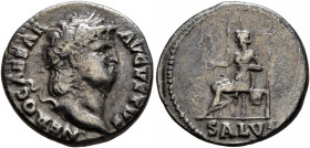 Nero, 54-68. Denarius (Silver, 18 mm, 2.95 g, 6 h), Rome, 65-66. NERO CAESAR AVGVSTVS Laureate head of Nero to right. Rev. SALVS Salus seated left on ...