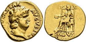 Nero, 54-68. Aureus (Gold, 18 mm, 7.20 g, 7 h), Rome, circa 66-67. IM[P NE]RO CAESAR AVGVSTVS Laureate head of Nero to right. Rev. SALVS Salus seated ...