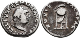 Vitellius, 69. Denarius (Silver, 17 mm, 3.10 g, 6 h), Rome, late April-20 December 69. A VITELLIVS GERM IMP AVG TR P Laureate head of Vitellius to rig...