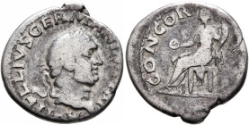 Vitellius, 69. Denarius (Silver, 18 mm, 2.73 g, 6 h), Rome, late April-20 December 69. A VITELLIVS GERMAN IMP TR P Laureate head of Vitellius to right...