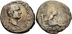 Vespasian, 69-79. Denarius (Silver, 18 mm, 2.55 g, 5 h), Rome, 69-70. IMP CAESAR VESPASIANVS AVG Laureate head of Vespasian to right. Rev. IVDAEA Juda...