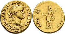 Vespasian, 69-79. Aureus (Gold, 18 mm, 7.23 g, 7 h), Lugdunum, 71. IMP CAESAR VESPASIANVS AVG TR P Laureate head of Vespasian to right. Rev. COS III F...