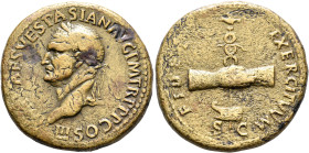 Vespasian, 69-79. Sestertius (Orichalcum, 33 mm, 24.64 g, 6 h), Rome, 71. IMP CAES VESPASIAN AVG P M TR P P P COS III Laureate head of Vespasian to le...