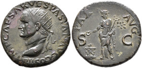 Vespasian, 69-79. Dupondius (Orichalcum, 27 mm, 10.60 g, 6 h), Lugdunum, 72. IMP CAESAR VESPASIAN AVG COS IIII Radiate head of Vespasian to left, smal...
