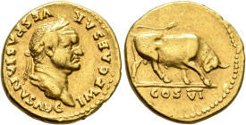 Vespasian, 69-79. Aureus (Gold, 19 mm, 7.21 g, 6 h), Rome, 75. IMP CAESAR VESPASIANVS AVG Laureate head of Vespasian to right. Rev. COS VI Bull buttin...