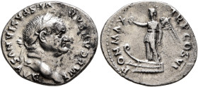 Vespasian, 69-79. Denarius (Silver, 19 mm, 3.20 g, 6 h), Rome, 75. IMP CAESAR VESPASIANVS AVG Laureate head of Vespasian to right. Rev. PON MAX – TR P...