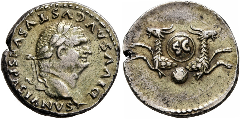 Divus Vespasian, died 79. Denarius (Silver, 18 mm, 3.60 g, 6 h), Rome, struck un...