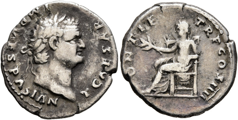 Titus, as Caesar, 69-79. Denarius (Silver, 19 mm, 3.07 g, 6 h), Rome, 75. T CAES...