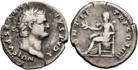 Titus, as Caesar, 69-79. Denarius (Silver, 19 mm, 3.07 g, 6 h), Rome, 75. T CAESAR IMP VESPASIAN Laureate head of Vespasian to right. Rev. PONTIF TR P...