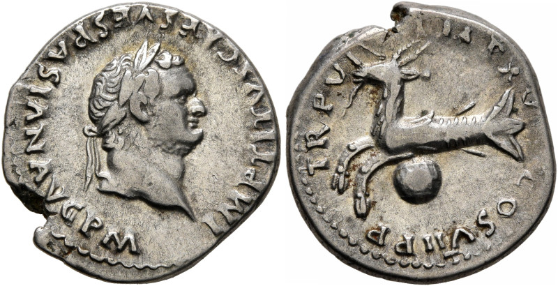 Titus, 79-81. Denarius (Silver, 18 mm, 3.00 g, 4 h), Rome, 79. IMP TITVS CAES VE...