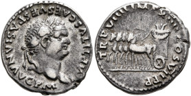 Titus, 79-81. Denarius (Silver, 18 mm, 3.19 g, 6 h), Rome, 79. IMP TITVS CAES VESPASIAN AVG P M Laureate head of Titus to right. Rev. TR P VIIII IMP X...