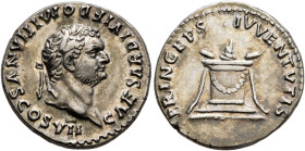 Domitian, as Caesar, 69-81. Denarius (Silver, 18 mm, 3.49 g, 7 h), Rome, struck under Titus, 80-81. CAESAR DIVI F DOMITIANVS COS VII Laureate head of ...