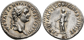 Domitian, as Caesar, 69-81. Denarius (Silver, 19 mm, 3.58 g, 6 h), Rome, 82. IMP CAESAR DOMITIANVS AVG P M Laureate head of Domitian to right. Rev. TR...