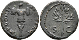 Domitian, 81-96. Quadrans (Copper, 18 mm, 2.97 g, 6 h), Rome, 84-85. IMP DOMIT AVG GERM Trophy, consisting of helmet, shields, cuirass, spears, and gr...