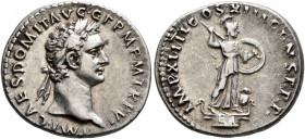 Domitian, 81-96. Denarius (Silver, 20 mm, 3.49 g, 6 h), Rome, 87. IMP CAES DOMIT AVG GERM P M TR P VI Laureate head of Domitian to right. Rev. IMP XII...