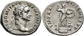 Domitian, 81-96. Denarius (Silver, 19 mm, 3.54 g, 6 h), Rome, 87. IMP CAES DOMIT AVG GERM P M TR P XII Laureate head of Domitian to right. Rev. IMP XX...
