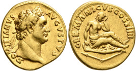Domitian, 81-96. Aureus (Gold, 19 mm, 7.51 g, 7 h), Rome, 88. DOMITIANVS AVGVSTVS Laureate head of Domitian to right. Rev. GERMANICVS COS XIIII German...