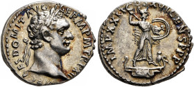 Domitian, 81-96. Denarius (Silver, 19 mm, 3.33 g, 6 h), Rome, September 92-September 93. IMP CAES DOMIT AVG GERM P M TR P XII Laureate head of Domitia...