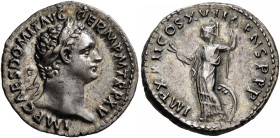 Domitian, 81-96. Denarius (Silver, 18 mm, 3.47 g, 6 h), Rome, September 95-September 96. IMP CAES DOMIT AVG GERM P M TR P XV Laureate head of Domitian...