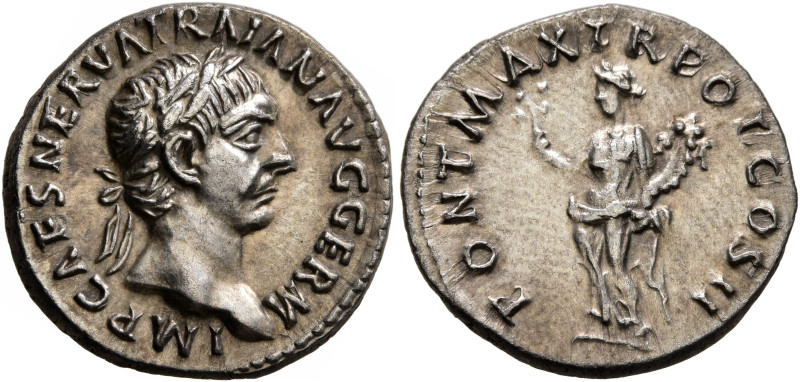Trajan, 98-117. Denarius (Silver, 17 mm, 3.23 g, 6 h), Rome, February 98-autumn ...