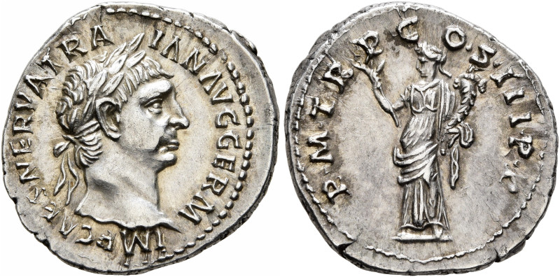 Trajan, 98-117. Denarius (Silver, 20 mm, 3.46 g, 6 h), Rome, 100. IMP CAES NERVA...