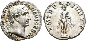 Trajan, 98-117. Denarius (Silver, 17 mm, 3.30 g, 6 h), Rome, 101-102. IMP CAES NERVA TRAIAN AVG GERM Laureate head of Trajan to right. Rev. P M TR P C...