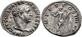 Trajan, 98-117. Denarius (Silver, 18 mm, 3.41 g, 6 h), Rome, 102. IMP CAES NERVA TRAIAN AVG GERM Laureate head of Trajan to right. Rev. P•M•TR•P•COS•I...
