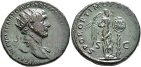 Trajan, 98-117. Dupondius (Orichalcum, 26 mm, 13.14 g, 6 h), Rome, circa 104-107. IMP CAES NERVAE TRAIANO AVG GER DAC P M T[R P COS V P P] Radiate bus...