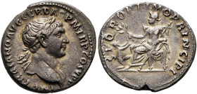 Trajan, 98-117. Denarius (Silver, 18 mm, 3.34 g, 7 h), Rome, 106-107. IMP TRAIANO AVG GER DAC P M TR P COS V P P Laureate head of Trajan to right, wit...