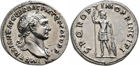 Trajan, 98-117. Denarius (Silver, 18 mm, 3.39 g, 6 h), Rome, circa 106-107. IMP TRAIANO AVG GER DAC P M TR P COS V P P Laureate head of Trajan to righ...