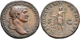 Trajan, 98-117. Sestertius (Orichalcum, 32 mm, 27.59 g, 6 h), Rome, circa 106-107. IMP CAES NERVAE TRAIANO AVG GER DAC P M TR P COS V P P Laureate hea...