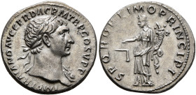 Trajan, 98-117. Denarius (Silver, 18 mm, 3.15 g, 7 h), Rome, circa 107. IMP TRAIANO AVG GER DAC P M TR P COS V P P Laureate head of Trajan to right, w...