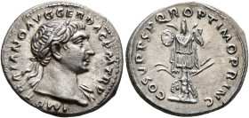 Trajan, 98-117. Denarius (Silver, 19 mm, 3.07 g, 6 h), Rome, circa 107-108. IMP TRAIANO AVG GER DAC P M TR P Laureate head of Trajan to right, with sl...