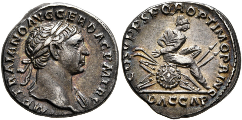 Trajan, 98-117. Denarius (Silver, 17 mm, 3.32 g, 6 h), Rome, circa 107-108. IMP ...